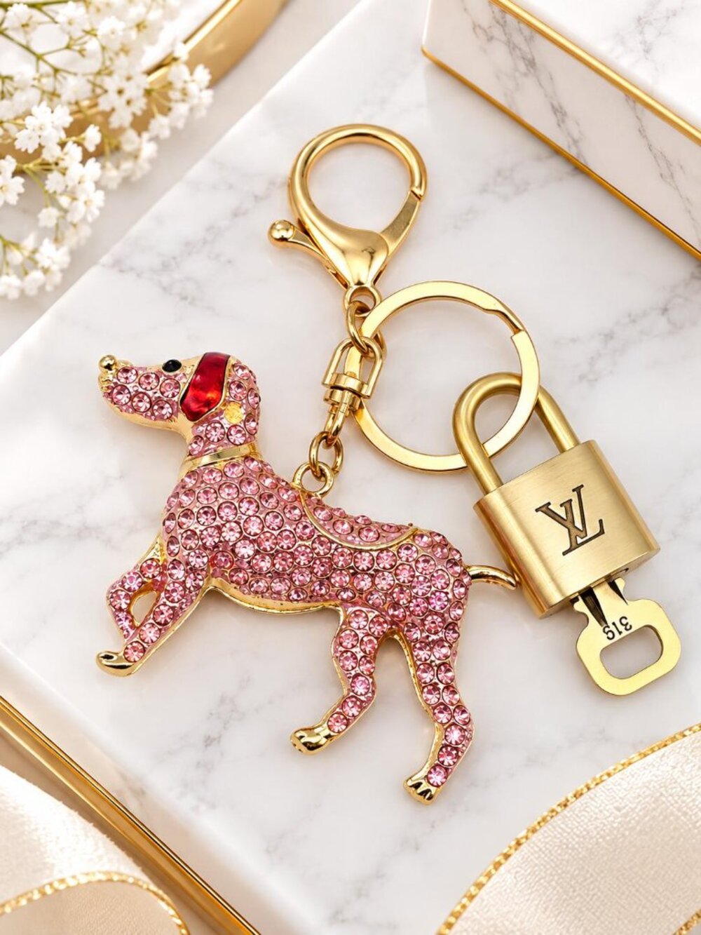 Louis Vuitton Authentic Gold Padlock 🔑 Key + Unbranded Dog Stylish Bag Charm